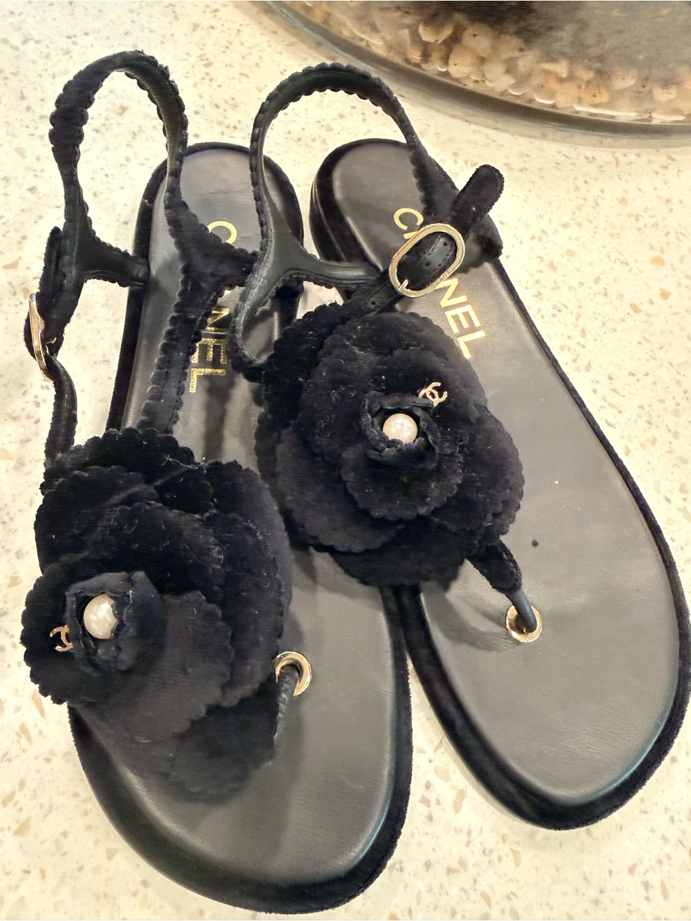 CHANEL Black Camellia Pearl-Accent Slingback Sandals